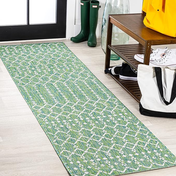 JONATHAN Y SMB108L-210 Ourika Moroccan Geometric Textured Weave Indoor Outdoor Runner Rug, Bohemian, Rustic, Scandinavian Easy-Cleaning,Bedroom,Kitchen,Backyard,Patio,Non Shedding, Ivory/Green, 2 X 10