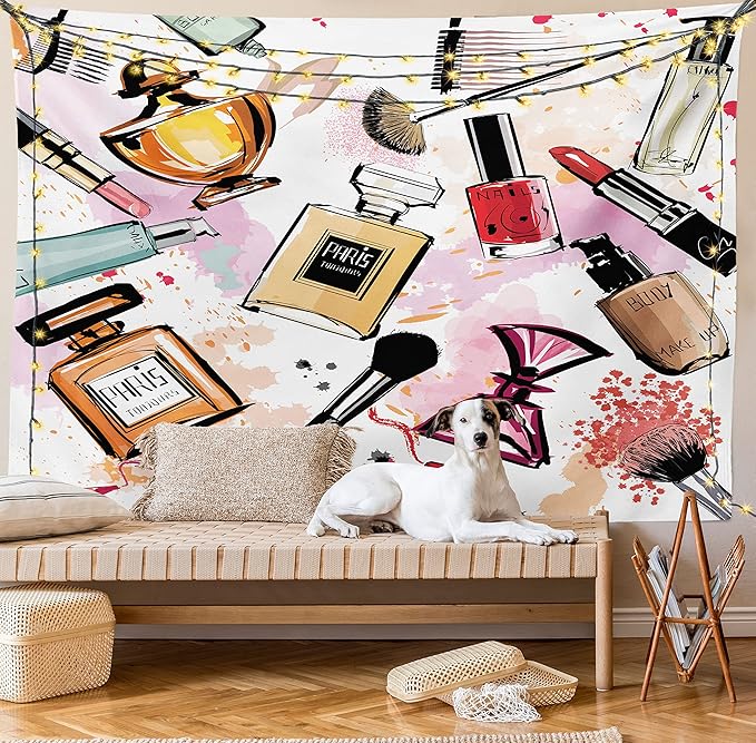 Ambesonne Fashion Tapestry, Cosmetic and Makeup Theme Pattern Perfume Lipstick Nail Polish Brush Modern, Fabric Wall Hanging Decor for Bedroom Living Room Dorm, 28" X 23", Coral White