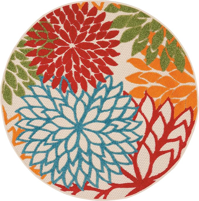 Nourison Aloha Indoor/Outdoor Green 4' x Round Area-Rug, Tropical, Botanical, Easy-Cleaning, Non Shedding, Bed Room, Living Room, Dining Room, Deck, Backyard, Patio (4 Round)
