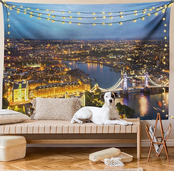 Ambesonne Modern Tapestry, Sunset at London England Cityscape Night Time and Tower Bridge Landmark Urban, Fabric Wall Hanging Decor for Bedroom Living Room Dorm, 23" X 28", Yellow Bluegrey