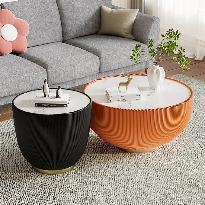 Orange Round Coffee Table with Sintered Stone Tabletop, 29.53" Drum Coffee Table with Fluted PU Leather Covered and Metal Base, Circle Cocktail Tea Table for Living Room