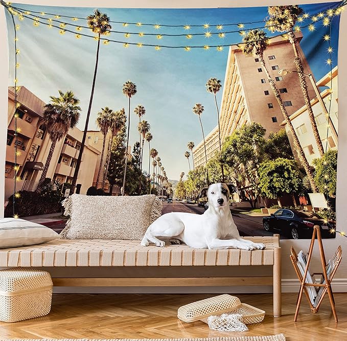 Ambesonne Urban Tapestry, Street in Beverly Hills CaliforniPalm Trees Houses Famous City Photo, Fabric Wall Hanging Decor for Bedroom Living Room Dorm, 30" X 45", Pale Blue Peach Green