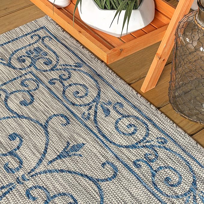 JONATHAN Y Vintage Filigree Indoor Outdoor Area Rug 9X12 Gray/Navy, Charleston Textured Weave for Backyard, Patio, Porch, Easy-Cleaning, High Traffic, Pet-Friendly, Non-Shedding (SMB106C-9)
