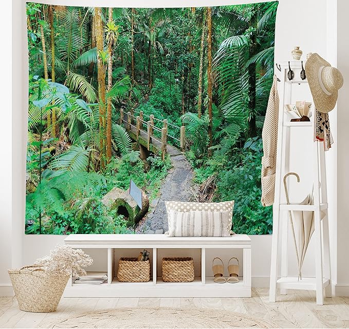 Ambesonne Puerto Rico Tapestry King Size, Tropical Rain Forest in San Juan Exotic Jungle Nature Photography, Wall Hanging Bedspread Bed Cover Wall Decor, 104" X 88", Green Pale Brown Ginger
