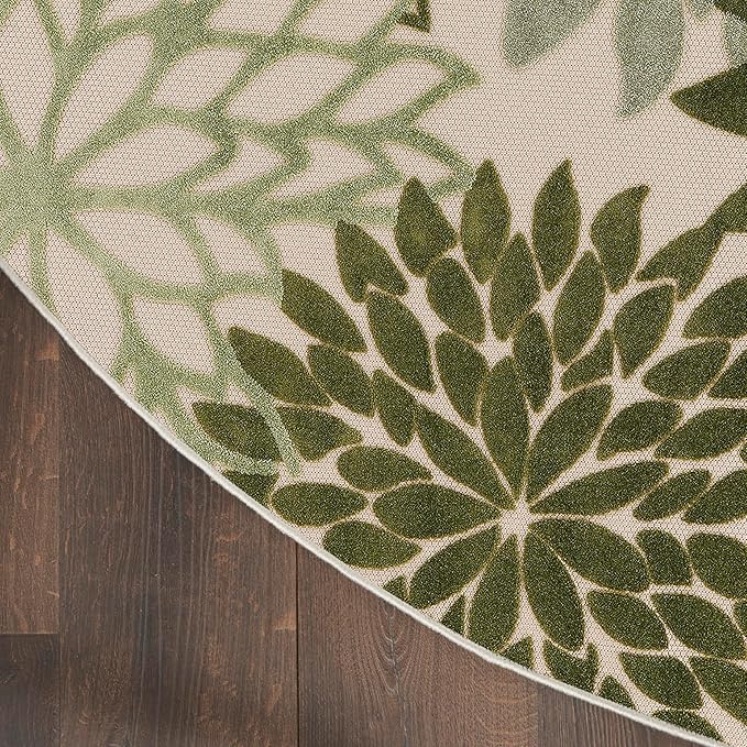 Nourison Home Aloha Indoor/Outdoor Ivory Green 5'3" x Round Area Rug, Easy Cleaning, Non-Shedding, Bed Room, Living Room, Dining Room, Backyard, Patio, Deck (5 Round)