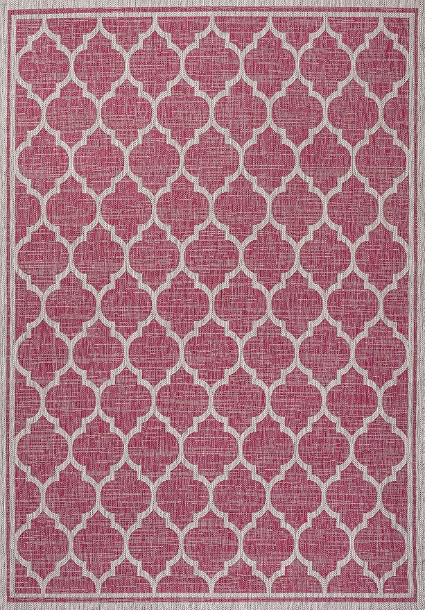 Eyely BMS109H-8 Santa Monica Trebol Moroccan Trellis Textured Weave Indoor/Outdoor Area Rug Coastal;Bohemian, Bedroom, Backyard, Patio, Easy-Cleaning, Non-Shedding, 8 X 10, Fuchsia/Light Gray