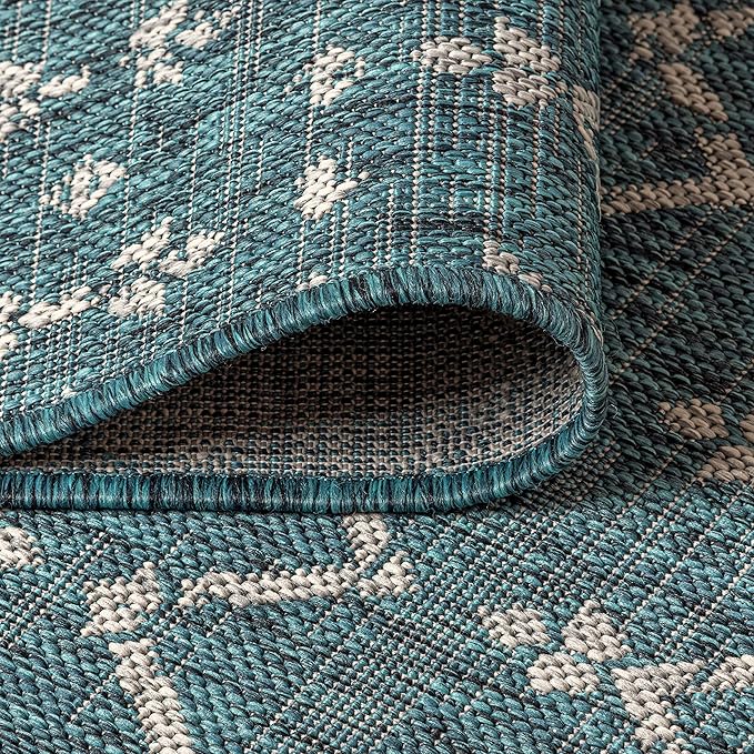 JONATHAN Y SMB108C-210 Ourika Moroccan Geometric Textured Weave Indoor Outdoor Runner Rug, Bohemian, Rustic, Scandinavian Easy-Cleaning,Bedroom,Kitchen,Backyard,Patio,Non Shedding, Teal/Gray, 2 X 10