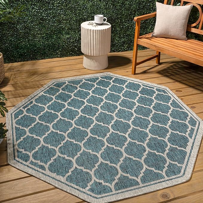 Eyely BMS109E-8TGN Trebol Moroccan Trellis Textured Weave Teal/Gray 8' Octagon Indoor/Outdoor Area Rug, Teal/Gray, 8' Octagon, Indoor/Outdoor, Area Rug