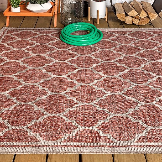 Eyely BMS109C-9 Santa Monica Trebol Moroccan Trellis Textured Weave Indoor/Outdoor Area Rug Coastal;Bohemian, Bedroom, Backyard, Patio, Easy-Cleaning, Non-Shedding, 9 X 12, Red/Beige