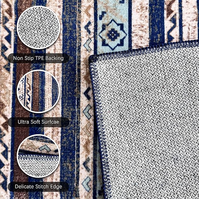 RUGSURE Washable Area Rugs 8' x 10' - 1/6 Thick - Moroccan-Inspired -Stain & Water Resistant Non-Slip - Resistant Rug for Living Room, Bedroom, Nursery, Pet & Child Friendly (Blue and Brown)