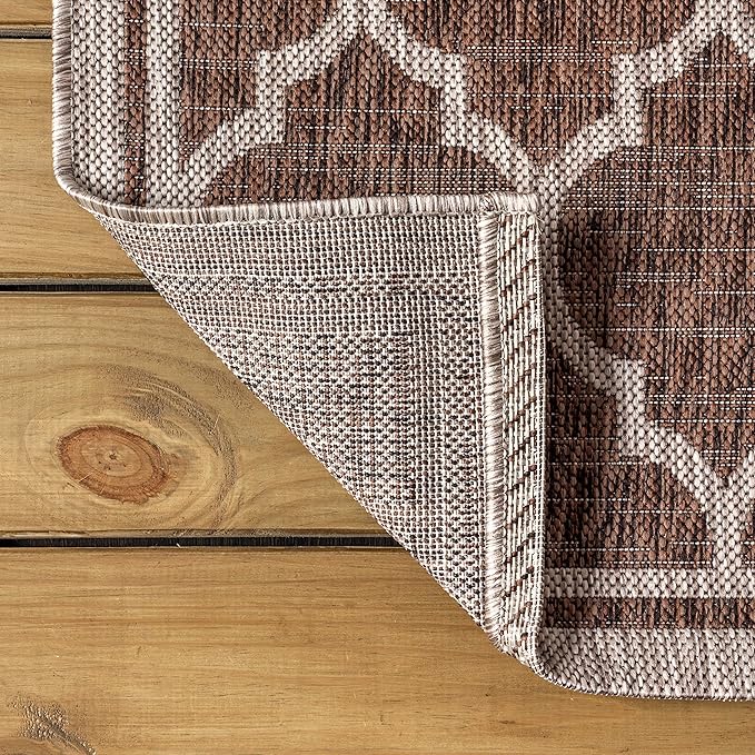 Eyely BMS109B-210 Santa Monica Trebol Moroccan Trellis Textured Weave Indoor/Outdoor Runner Rug Coastal;Bohemian, Bedroom, Backyard, Patio, Easy-Cleaning, Non-Shedding, 2 X 10, Espresso/Taupe