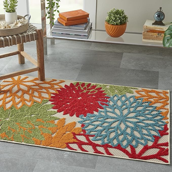 Nourison Aloha Indoor/Outdoor Green 3' x 5' Area Rug, Tropical, Botanical, Easy Cleaning, Non Shedding, Bed Room, Living Room, Dining Room, Deck, Backyard, Patio (3x5)