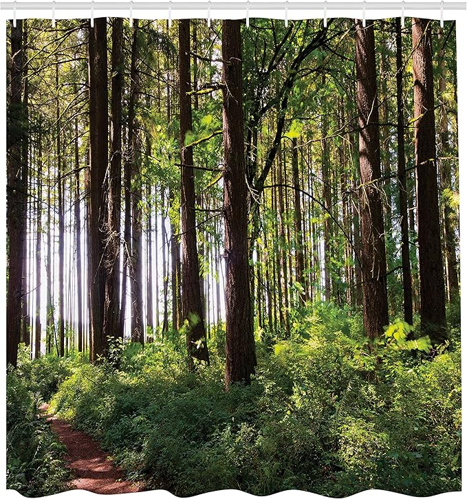 Ambesonne Forest Shower Curtain, Pathway in a Shady Forest of Bushes and Thick Trunks Grass Unique Wild Life Scenery, Cloth Fabric Bathroom Decor Set with Hooks, 69" W x 70" L, Green Brown