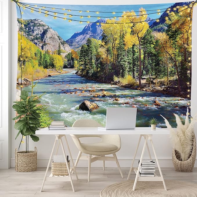 Ambesonne Landscape Tapestry, Mountains of Colorado with Forest and River Summer Foliage Idyllic Photo, Wide Wall Hanging for Bedroom Living Room Dorm, 60" X 40", Sage Green