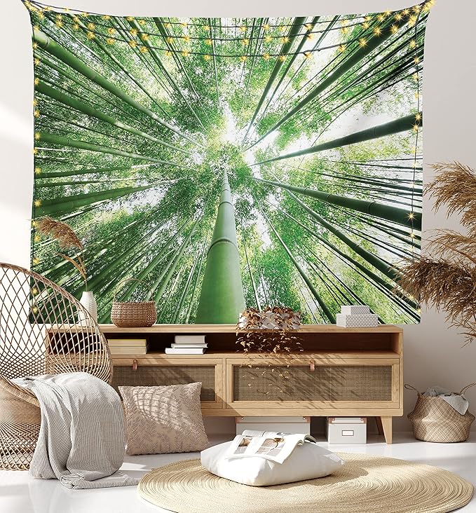 Ambesonne Forest Tapestry King Size, Tropical Rain Forest Tall Trees in Exotic Style Nature Theme Image Sky from Woodland, Wall Hanging Bedspread Bed Cover Wall Decor, 88" X 88", Green