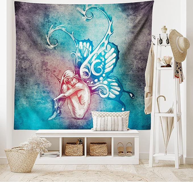 Ambesonne Butterfly Tapestry King Size, with Butterfly Wings Renewal Female Rebirth Psyche Lightness of Being, Wall Hanging Bedspread Bed Cover Wall Decor, 104" X 88", Blue Purple