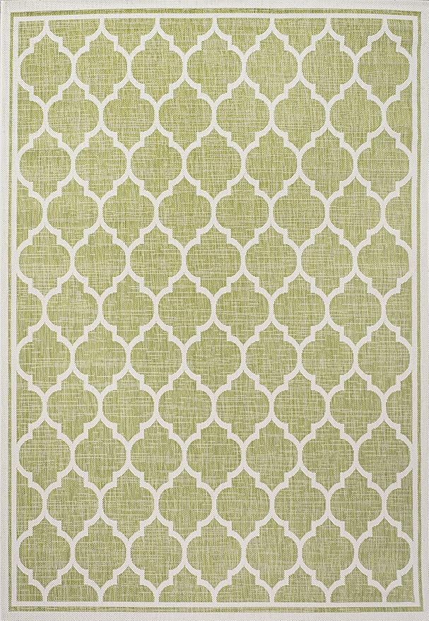 Eyely BMS109G-8 Santa Monica Trebol Moroccan Trellis Textured Weave Indoor/Outdoor Area Rug Coastal;Bohemian, Bedroom, Backyard, Patio, Easy-Cleaning, Non-Shedding, 8 X 10, Green/Cream