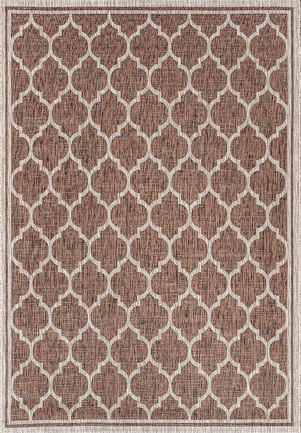 Eyely BMS109B-5 Santa Monica Trebol Moroccan Trellis Textured Weave Indoor/Outdoor Area Rug Coastal;Bohemian, Bedroom, Backyard, Patio, Easy-Cleaning, Non-Shedding, 5 X 8, Espresso/Taupe