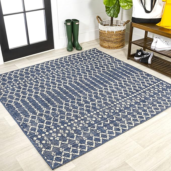 JONATHAN Y SMB108K-8SQ Ourika Moroccan Geometric Textured Weave Navy/Beige 8' Square Indoor/Outdoor Area Rug, Pet Friendly, Non-Shedding, Stain Resistant, Easy-Cleaning for Backyard, Patio, Porch