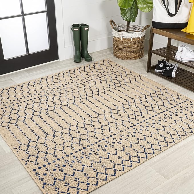 JONATHAN Y SMB108H-5SQ Ourika Moroccan Geometric Textured Weave Indoor Outdoor Area Rug, Coastal,Traditional,Transitional Easy Clean,Bedroom,Kitchen,Backyard,Patio, Non-Shed, Beige/Navy, 5' Square