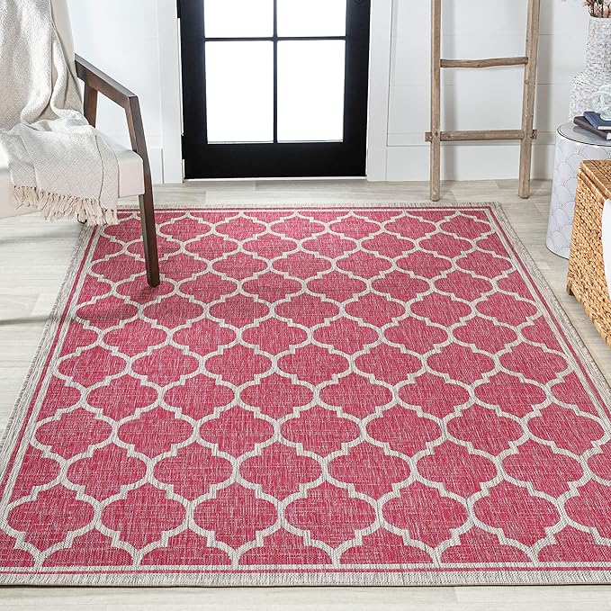 Eyely BMS109H-3 Santa Monica Trebol Moroccan Trellis Textured Weave Indoor/Outdoor Area Rug Coastal;Bohemian, Bedroom, Backyard, Patio, Easy-Cleaning, Non-Shedding, 3 X 5, Fuchsia/Light Gray