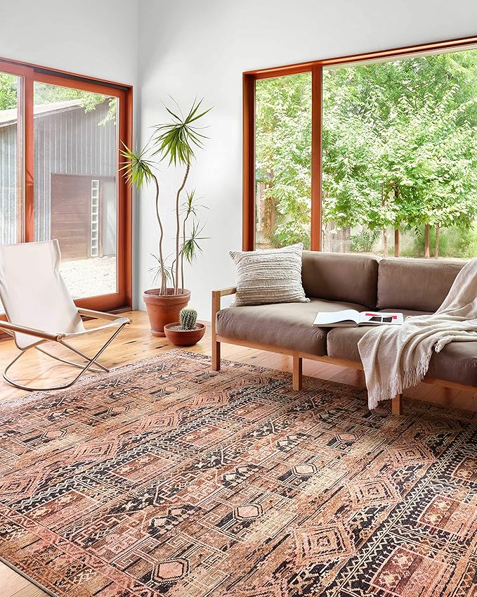 Loloi Layla Collection LAY-14 Mocha/Blush 2'-0" x 5'-0" .13" Thick Accent Rug, Soft, Durable, Vintage Inspired, Distressed, Low Pile, Non-Shedding, Easy Clean, Printed, Living Room Rug