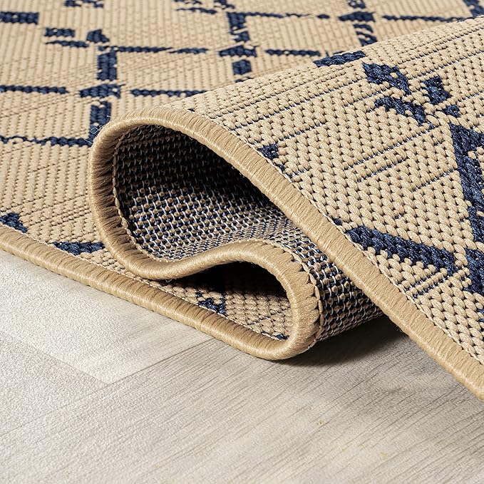 JONATHAN Y SMB108H-4SQ Ourika Moroccan Geometric Textured Weave Beige/Navy 4' Square Indoor/Outdoor Area Rug, Pet Friendly, Non-Shedding, Stain Resistant, Easy-Cleaning for Backyard, Patio, Porch