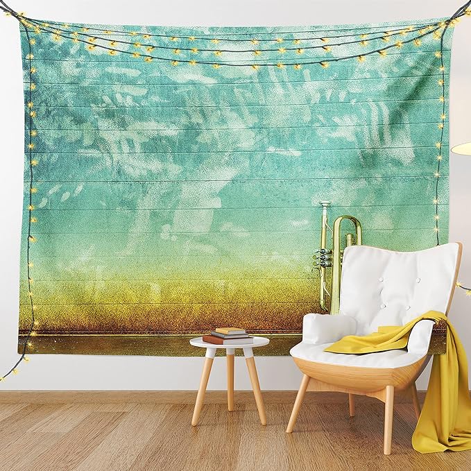 Ambesonne Music Tapestry King Size, Old Aged Worn Single Trumpet Stands Alone Against a Faded Wall Jazz Theme Photo, Wall Hanging Bedspread Bed Cover Wall Decor, 104" X 88", Teal Brown