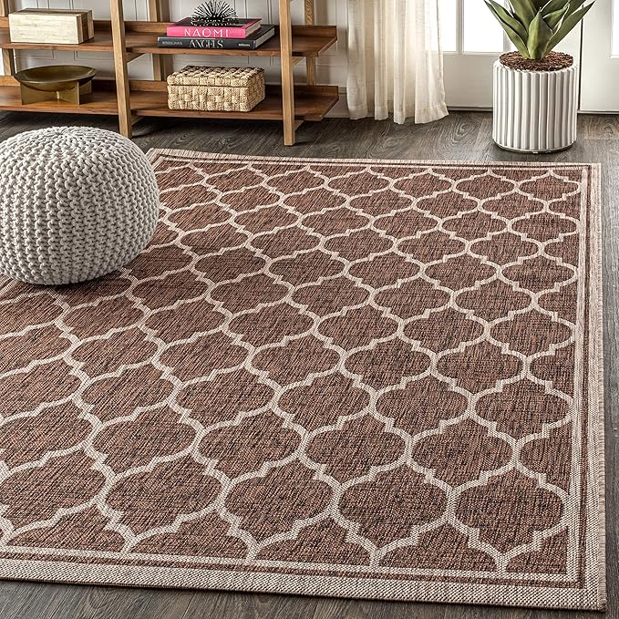 Eyely BMS109B-5 Santa Monica Trebol Moroccan Trellis Textured Weave Indoor/Outdoor Area Rug Coastal;Bohemian, Bedroom, Backyard, Patio, Easy-Cleaning, Non-Shedding, 5 X 8, Espresso/Taupe