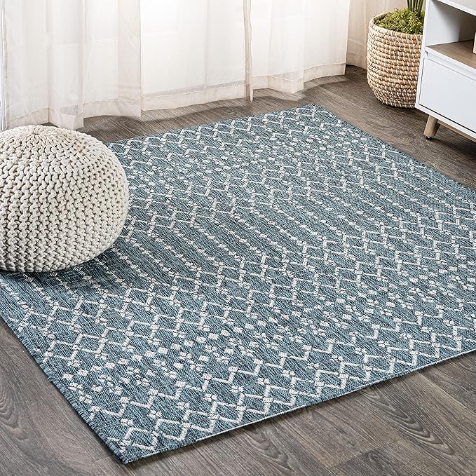 JONATHAN Y SMB108C-5SQ Ourika Moroccan Geometric Textured Weave Indoor Outdoor Area Rug, Bohemian, Rustic, Scandinavian Easy-Cleaning,Bedroom,Kitchen,Backyard,Patio,Non Shedding, Teal/Gray, 5' Square