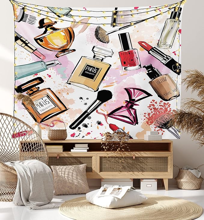 Ambesonne Fashion Tapestry, Cosmetic and Makeup Theme Pattern Perfume Lipstick Nail Polish Brush Modern, Fabric Wall Hanging Decor for Bedroom Living Room Dorm, 28" X 23", Coral White