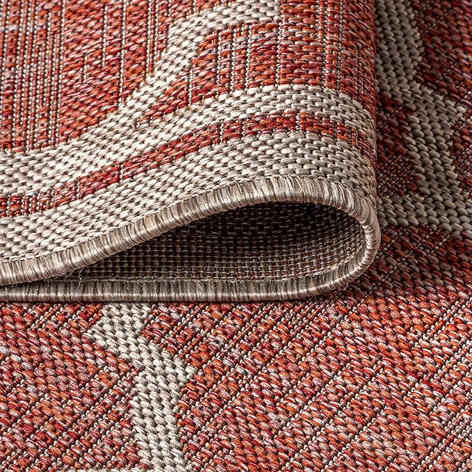 Eyely BMS109C-3SQ Santa Monica Trebol Moroccan Trellis Textured Weave, Pet Friendly, Non-Shedding, Stain Resistant, Easy-Cleaning, Red/Beige, 3' Square, Indoor/Outdoor, Area Rug