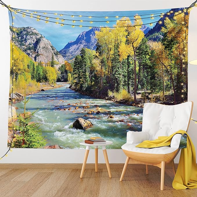 Ambesonne Landscape Tapestry, Mountains of Colorado with Forest and River Summer Foliage Idyllic Photo, Wide Wall Hanging for Bedroom Living Room Dorm, 60" X 40", Sage Green