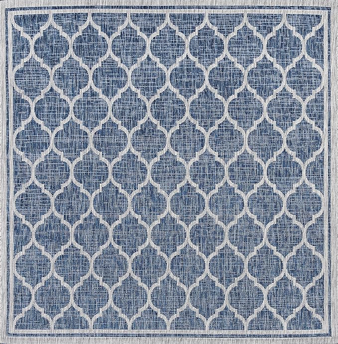 Eyely BMS109D-4SQ Santa Monica Trebol Moroccan Trellis Textured Weave, Pet Friendly, Non-Shedding, Stain Resistant, Easy-Cleaning, Navy/Gray, 4' Square, Indoor/Outdoor, Area Rug