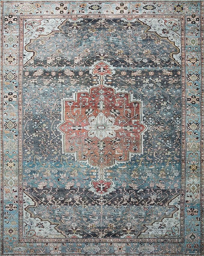 Loloi Margot Collection MAT-05 Ocean/Brick 7'-6" x 9'-6" Area Rug feat. CloudPile, No-Shed Easy Clean Large Patterned Area Rug for Living Room, Bedroom, Dining Area