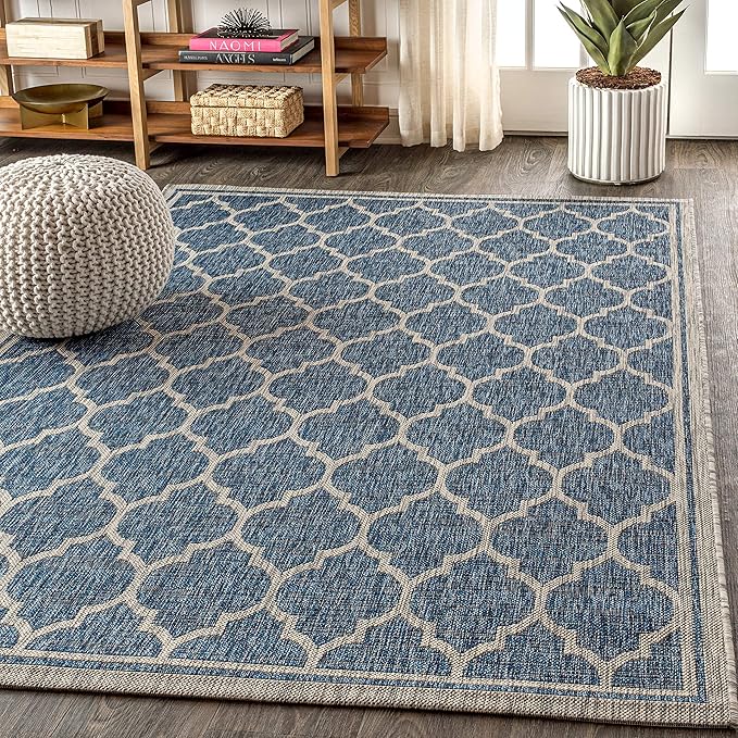 Eyely BMS109D-3 Santa Monica Trebol Moroccan Trellis Textured Weave Indoor/Outdoor Area Rug Coastal;Bohemian, Bedroom, Backyard, Patio, Easy-Cleaning, Non-Shedding, 3 X 5, Navy/Gray