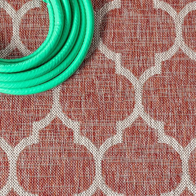 Eyely BMS109C-3SQ Santa Monica Trebol Moroccan Trellis Textured Weave, Pet Friendly, Non-Shedding, Stain Resistant, Easy-Cleaning, Red/Beige, 3' Square, Indoor/Outdoor, Area Rug