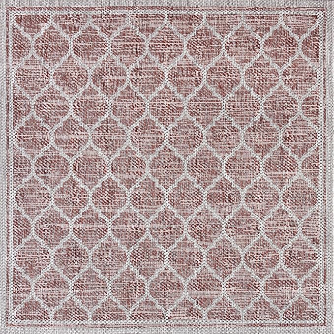 Eyely BMS109C-6SQ Santa Monica Trebol Moroccan Trellis Textured Weave, Pet Friendly, Non-Shedding, Stain Resistant, Easy-Cleaning, Red/Beige, 6' Square, Indoor/Outdoor, Area Rug