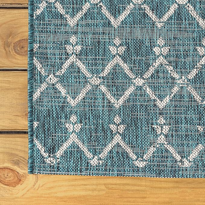 JONATHAN Y SMB108C-8R Ourika Moroccan Geometric Textured Weave Teal/Gray 8' Round Indoor/Outdoor Area Rug, Pet Friendly, Non-Shedding, Stain Resistant, Easy-Cleaning for Backyard, Patio, Porch