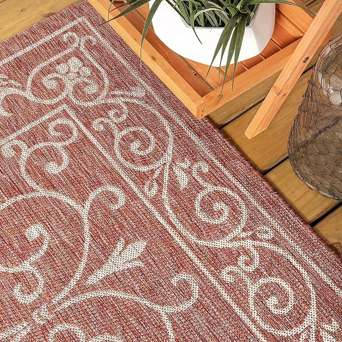 JONATHAN Y SMB106B-8R Charleston Vintage Filigree Textured Weave Red/Beige 8' Round Indoor/Outdoor Area Rug, Pet Friendly, Non-Shedding, Stain Resistant, Easy-Cleaning for Backyard, Patio, Porch