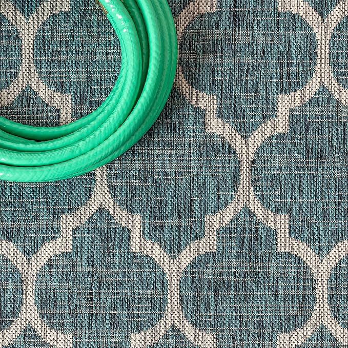 Eyely BMS109E-6R Santa Monica Trebol Moroccan Trellis Textured Weave, Pet Friendly, Non-Shedding, Stain Resistant, Easy-Cleaning, Teal/Gray, 6' Round, Indoor/Outdoor, Area Rug