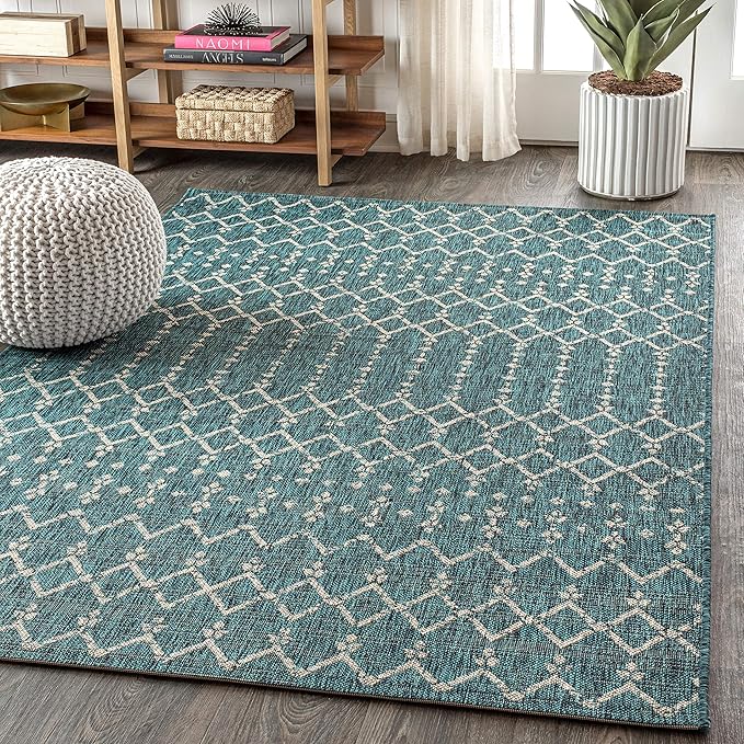 JONATHAN Y Moroccan Geometric Indoor Outdoor Area Rug 3X5 Teal/Gray, Ourika Textured Weave for Backyard, Patio, Porch, Easy-Cleaning, High Traffic, Pet-Friendly, Non-Shedding (SMB108C-3)