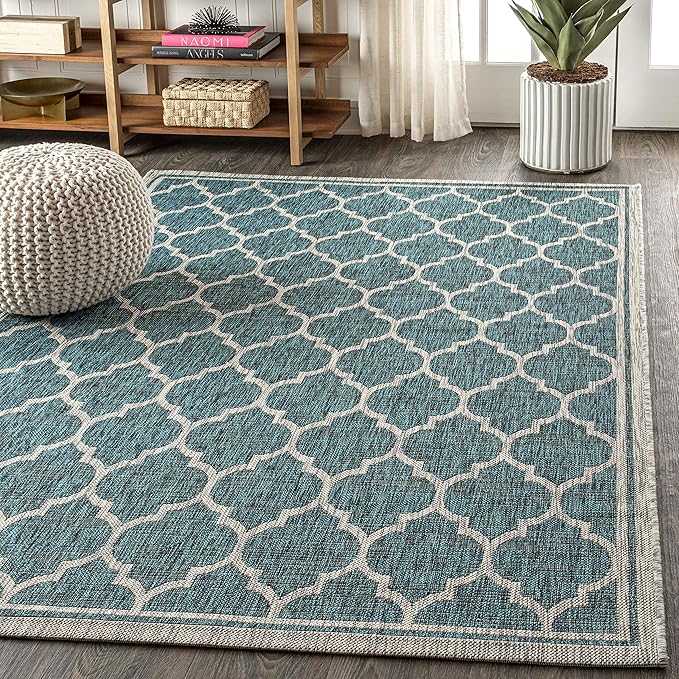 Eyely BMS109E-3 Santa Monica Trebol Moroccan Trellis Textured Weave Indoor/Outdoor Area Rug Coastal;Bohemian, Bedroom, Backyard, Patio, Easy-Cleaning, Non-Shedding, 3 X 5, Teal/Gray