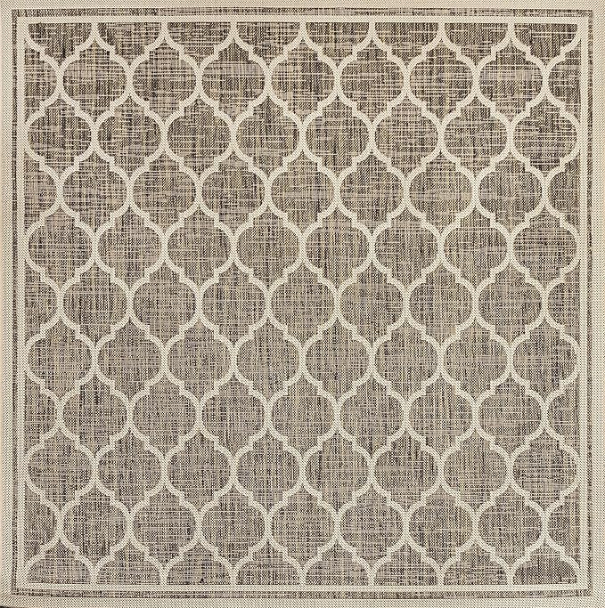 Eyely BMS109A-5SQ Santa Monica Trebol Moroccan Trellis Textured Weave Indoor/Outdoor Area Rug Coastal;Bohemian, Bedroom, Backyard, Patio, Easy-Cleaning, Non-Shedding, 5' Square, Brown/Beige