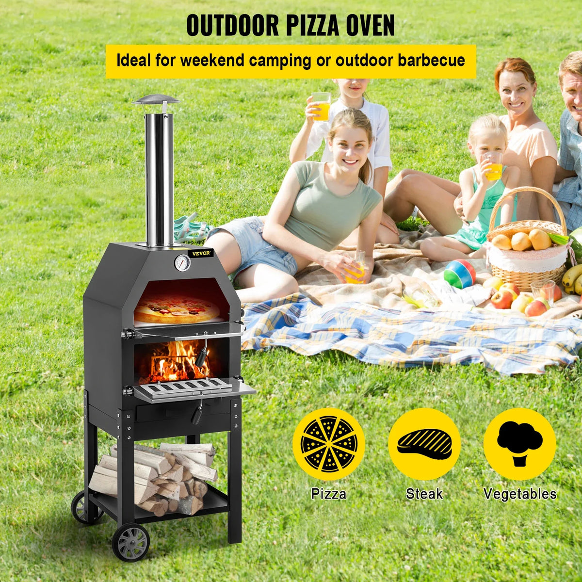 12" Wood Fried Pizza Oven with Wheels & Handle Labor-Saving 2-Layer Portable for Backyard Camping Site Park Outdoor Baking