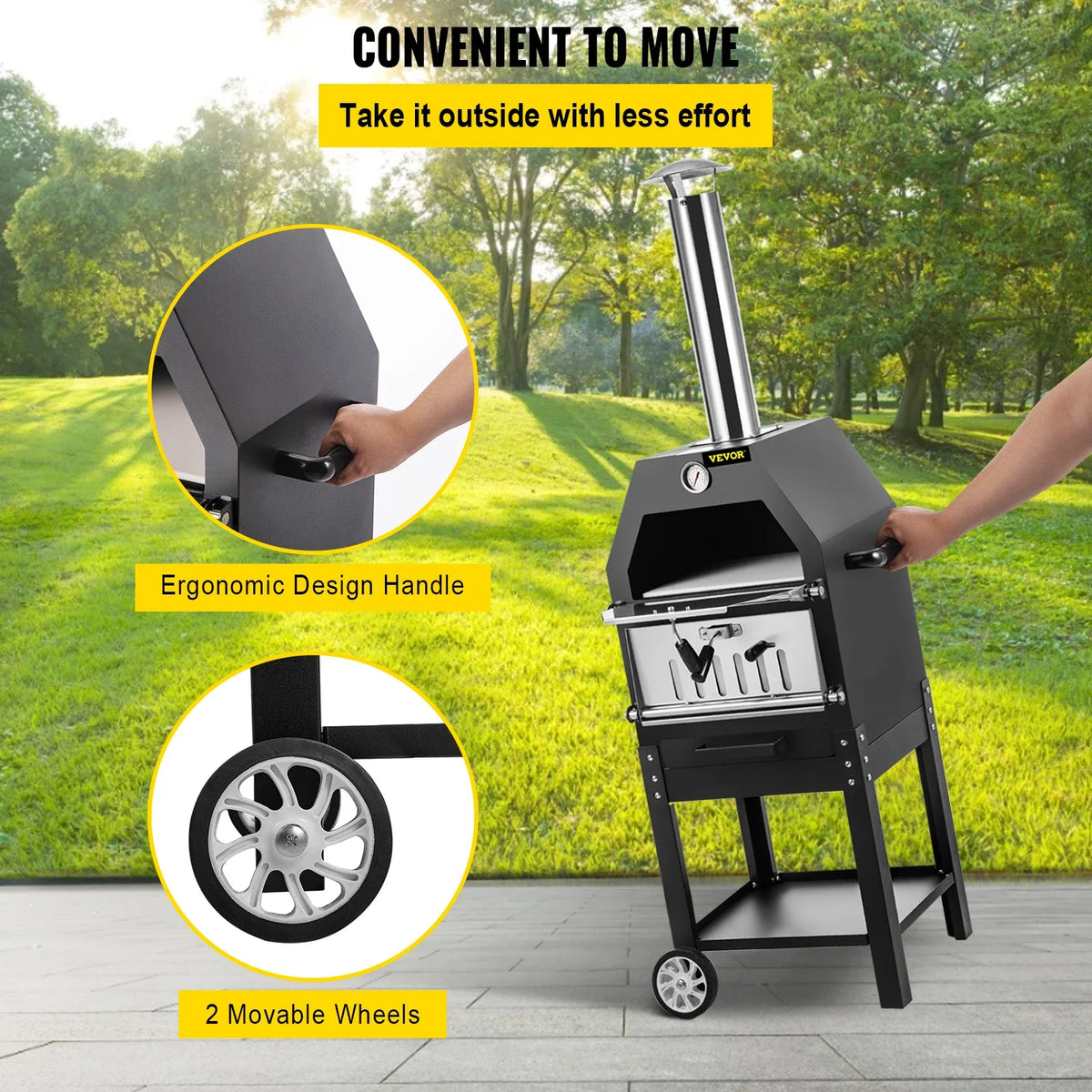 12" Wood Fried Pizza Oven with Wheels & Handle Labor-Saving 2-Layer Portable for Backyard Camping Site Park Outdoor Baking