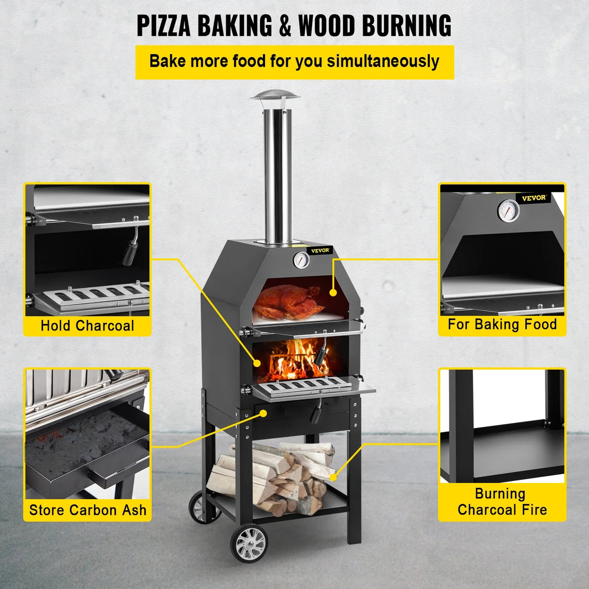 12" Wood Fried Pizza Oven with Wheels & Handle Labor-Saving 2-Layer Portable for Backyard Camping Site Park Outdoor Baking