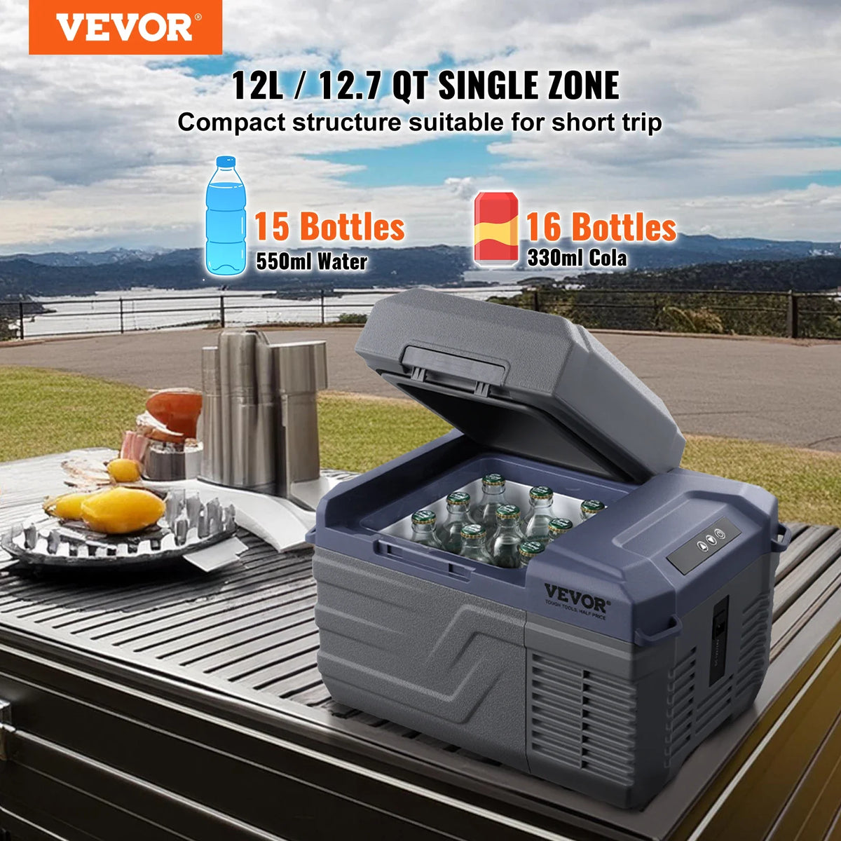 12L Car Refrigerator,12V Car Fridge,Single Zone Portable Freezer,-4℉-68℉ Range,12/24V DC and 100-240V AC Compressor Cooler