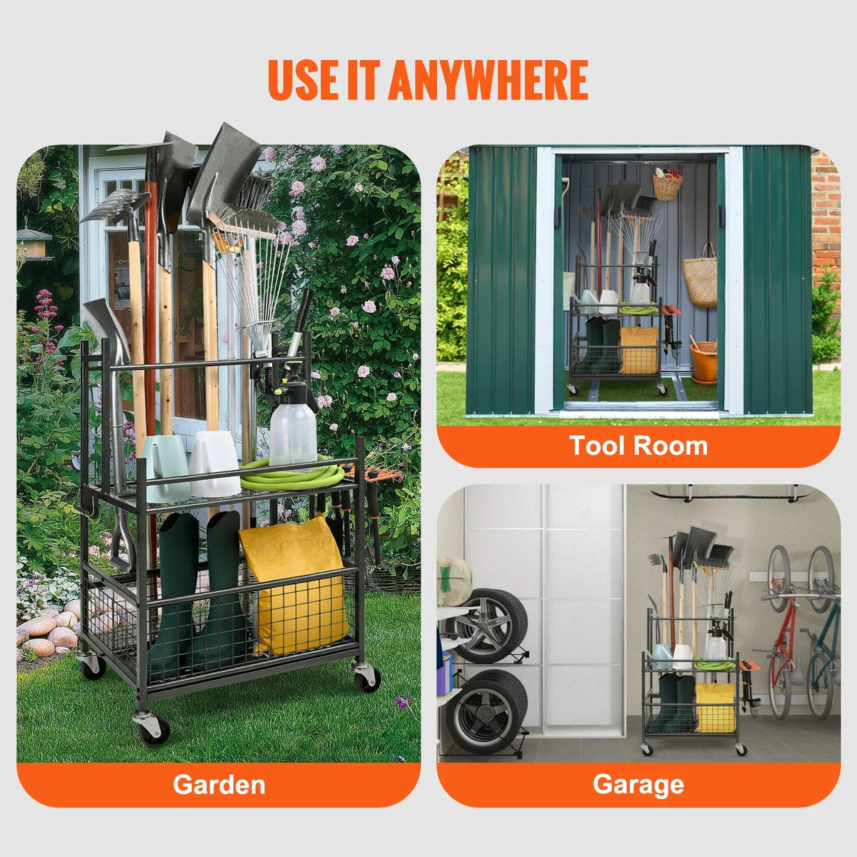 Garden Tool Organizer, 10/16 Slots with Hooks, Yard Tool Tower Rack with Wheels for Garage Organization and Storage