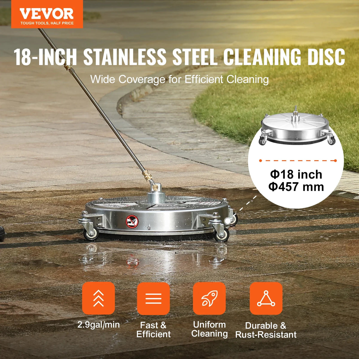 18" Pressure Washer Surface Cleaner Stainless Steel Concrete Cleaner with 2 Extension Wand Power Washer For Floor/Driveway